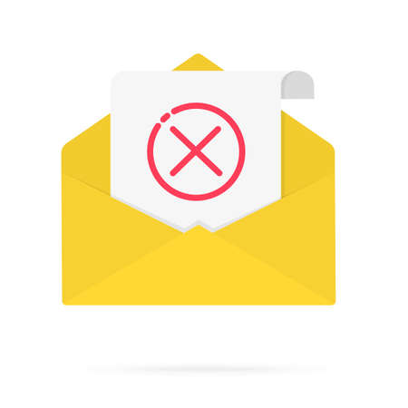 Yellow envelope, new mail with sheet of paper and red X. Flat design illustrationのイラスト素材