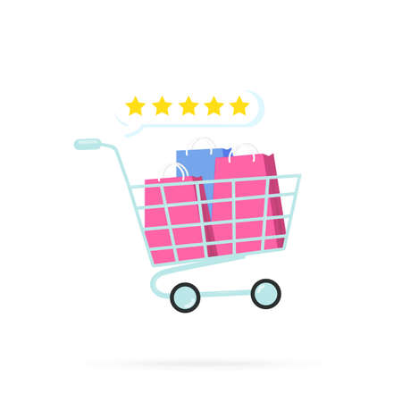 Shopping cart with shopping bags and cloud with 5 stars, on a white background. Flat design illustration. Vector graphicsのイラスト素材