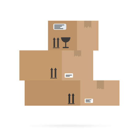 Several mailboxes made of brown cardboard lie on top of each other. Illustration in flat style