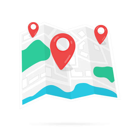 Map with three red pin on it, on white background . Flat design illustration. Stock vector graphicsのイラスト素材