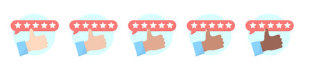 hands with different skin tones show thumb up. Five stars rating. multicultural.のイラスト素材