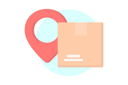 Red pin with carton delivery box. Shopping flat style icons in red and blue colorsのイラスト素材