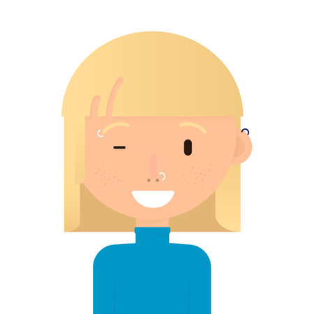 Smile girl with blond short hair avatar, pirsing, headphones. Flat style on white backgroundのイラスト素材