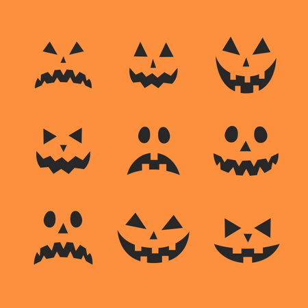Collection of frighteningly carved Halloween pumpkins. Eerie and chilling pumpkin carvings.のイラスト素材