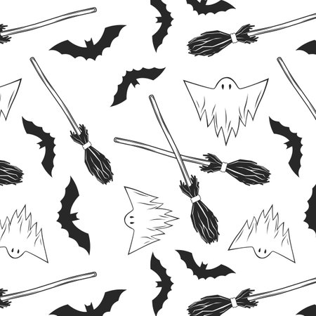 seamless halloween pattern with skulls, bat, pumpkin, witch hat, broom, candies and spiders. black and whiteのイラスト素材
