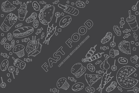 Set of fast food line icons doodles on black. menu or food package design. Vector illustration. Editable strockeのイラスト素材