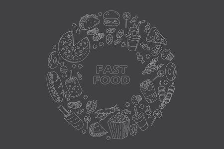 Banner of Set fast food doodles or line icons on black. menu or food package design. Circle composition. Editable strockeのイラスト素材