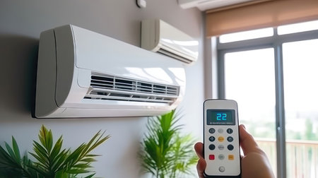 Capture the essence of air conditioning with this air conditioner and remote control image. Conveys the idea of cooling the air in the room to create a more comfortable and pleasant environment. Realistic illustration created by Generative AIの素材