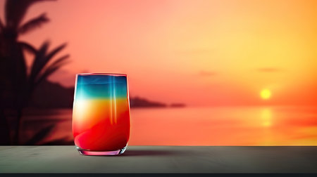 Escape to a tropical paradise with every sip of our stunning layered cocktail, showcasing a beautiful gradient of colors that mimic a breathtaking sunset over the ocean. copyspace. Realistic illustration created by Generative AIの素材