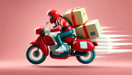 A delivery guy drives his motorbike through the city streets carrying packages. He is part of an efficient and fast urban delivery service that helps to move goods quickly and safely around the city. Realistic illustration created by Generative AIの素材