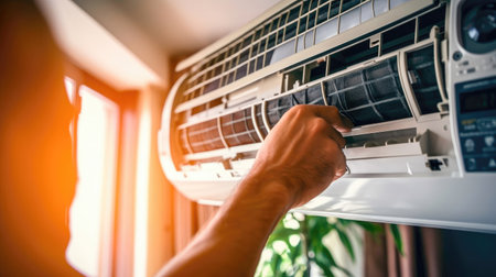 an experienced air conditioner repair and maintenance technician fixes various problems related to cooling systems. illustration created by Generative AIの素材