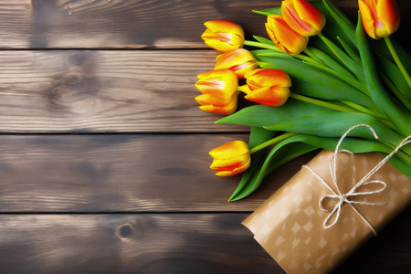 This stunning bouquet of vibrant yellow tulips comes with a gift box, making it the perfect gift for any occasion. The flowers are arranged on a wooden table, creating a natural rustic backdrop for this lovely arrangement. copyspace. Realistic illustration created by Generative AIの素材
