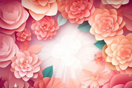 This beautiful greeting card features an arrangement of pastel colored flowers arranged in a circular shape. The soft colors and delicate blooms make it the perfect card for any occasion. copyspace. Realistic illustration created by Generative AIの素材