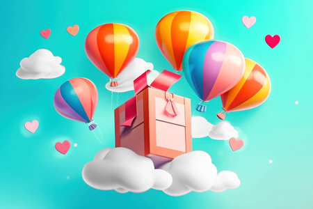 This beautiful gift box filled with colorful balloons creates a striking contrast against a clear blue sky with white fluffy clouds. copyspace. Realistic illustration created by Generative AIの素材