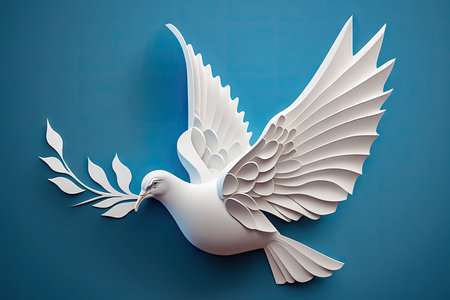 This exquisite image showcases a paper art style white dove, gracefully gliding through the clear blue sky, symbolizing peace, love, and harmony. copyspace. Realistic illustration created by Generative AIの素材