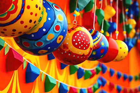 Immerse yourself in the lively atmosphere of the Junina festival as you stroll along this vibrant street adorned with colorful balloons. Experience the joyous celebration of Brazilian traditions and the exuberant spirit of the event. Realistic illustration created by Generative AIの素材