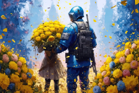 young girl presents a courageous military man with a bouquet of bright yellow flowers - a gesture of respect and appreciation for protection. illustration created by Generative AIの素材