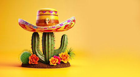 Festive card for Junina festival - whimsical cactus in a hat and flowers. banner, copy space. illustration created by Generative AIの素材