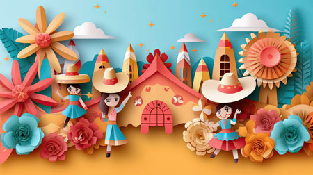 Step into the world of Festa Junina with this captivating image. The paper art decorations and figurines dressed in national costumes bring the festive spirit to life, creating a visual celebration of Brazilian culture and traditions. Realistic illustration created by Generative AIの素材