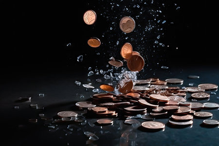 A massive heap of shiny metal coins, scattered and strewn around, created an impressive sight. Realistic illustration created by Generative AIの素材