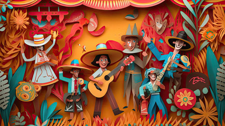 Greeting card for Festa Junina with figurines of people in national costumes and guitars against the backdrop of festive decorations. illustration created by Generative AIの素材