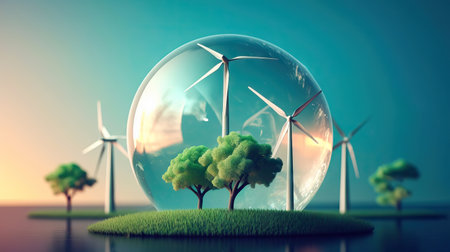 This image features a glass sphere with the earth inside, surrounded by green grass, trees and wind generators. It symbolizes the importance of preserving our environment and the celebration of World Environment Day. copyspace. Realistic illustration created by Generative AIの素材