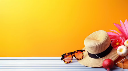 Enjoy the sunny days with this tropical-themed setup featuring a stylish straw hat, cool sunglasses, and colorful fruits on a table against a vibrant orange-yellow background. copy space. Realistic illustration created by Generative AIの素材
