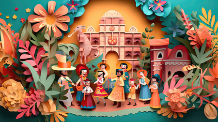 Join the festive spirit of Festa Junina with this colorful image, which features figurines in paper art style dressed in traditional national costumes. Holiday decorations adorned with colorful paper designs make the perfect backdrop. Realistic illustration created by Generative AIの素材
