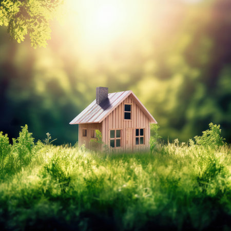 a miniature model of a house on lush green grass surrounded by tall trees. Real estate investment concept, ecological house. illustration created by Generative AIの素材