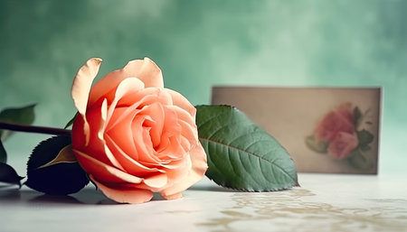 A romantic gesture captured in this image featuring a beautiful rose paired with a heartfelt greeting card, perfect for expressing your love and admiration. copyspace. Realistic illustration created by Generative AIの素材