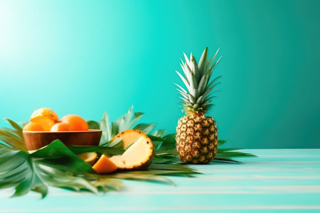 bright summer background with exotic fruits and palm leaves perfect for summer themed projects and designs. copyspace. illustration created by Generative AIの素材