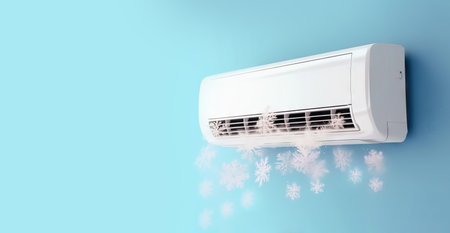 A visual representation of an air conditioner and snowflakes, highlighting the idea of using air conditioning systems to cool the air inside a room. Ideal for showcasing the benefits of temperature regulation and creating a pleasant atmosphere. banner with copyspace. Realistic illustration created by Generative AIの素材