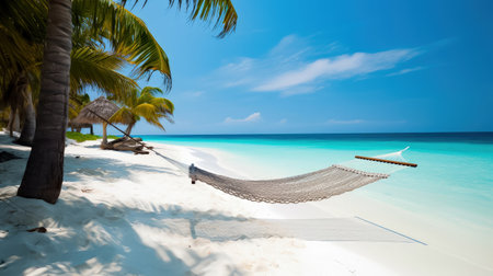 A comfortable hammock stretches between two palm trees on a secluded tropical beach, offering the perfect spot to unwind and soak up the sun. copyspace. Realistic illustration created by Generative AIの素材