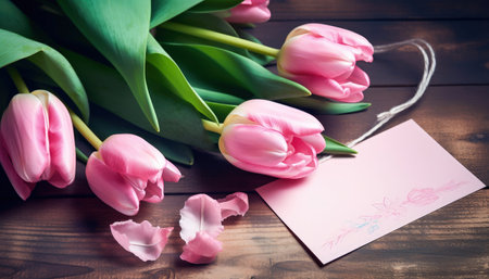 Beautiful pink tulips and a greeting card on a wooden table, perfect for sending a message to a loved one or brightening up your own space. Realistic illustration created by Generative AIの素材