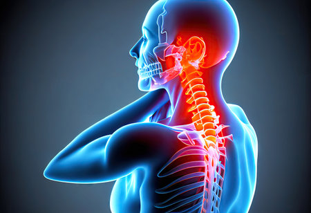Back Pain Blues: Man Experiences Discomfort Between the Shoulder Blades. Realistic illustration created by Generative AIの素材
