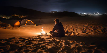 A man sits beside a campfire under the starry sky next to a tent in the middle of the desert. The warm glow of the fire contrasts with the cool blue hues of the desert landscape. This peaceful and isolated scene evokes the tranquility and adventure of camping in the great outdoors. Realistic illustration created by Generative AIの素材