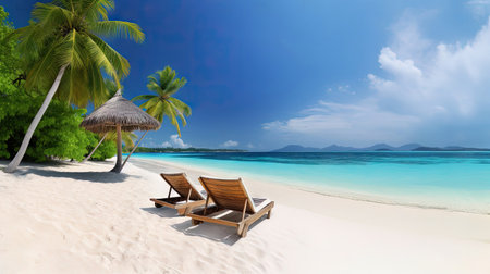 Leave your worries behind and escape to our tropical oasis. Sink into the comfort of our sun loungers, feel the soft white sand underfoot, and enjoy the serene view of palm trees and crystal clear waters. copyspace. Realistic illustration created by Generative AIの素材