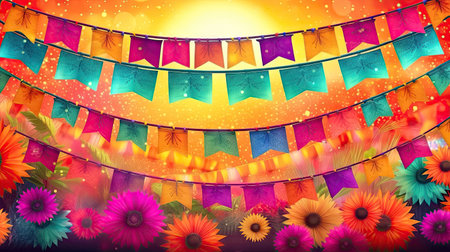 colorful garlands decorated with bright flags and flowers as a backdrop for a greeting card for the cultural holiday of the Junina festival. illustration created by Generative AIの素材