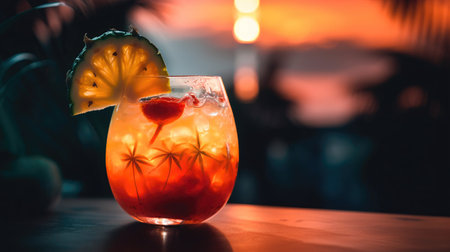 Immerse yourself in the tropical vibes with our colorful layered cocktail, set against a breathtaking sunset view of the sea. copyspace. Realistic illustration created by Generative AIの素材