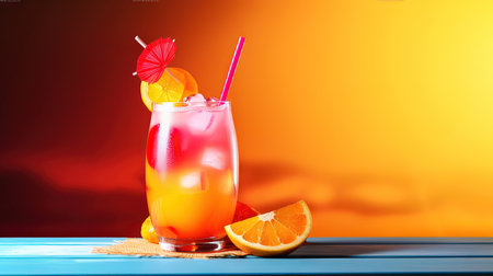 Sip on a delicious Tequila Sunrise cocktail made with premium tequila, orange juice, and grenadine, as you take in the breathtaking view of a tropical seascape. copyspace. Realistic illustration created by Generative AIの素材