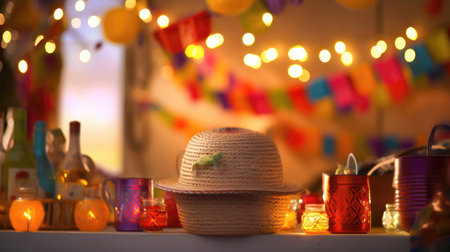 Capture the essence of the Junina festa celebration with this stunning wicker national hat. the hat stands out against the backdrop of festive decorations, symbolizing the joy and cultural pride of the event. Realistic illustration created by Generative AIの素材