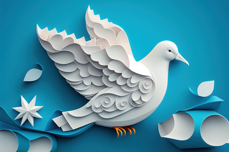 This stunning image features an intricately designed white dove in mid-flight, crafted in the style of paper art, set against the serene backdrop of a clear blue sky. Realistic illustration created by Generative AIの素材