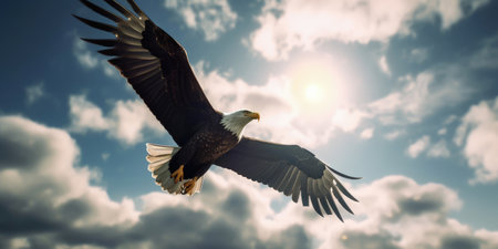 Witness the stunning sight of an eagle with wings spread wide as it glides through the clouds, a true symbol of freedom and strength. copyspace. Realistic illustration created by Generative AIの素材