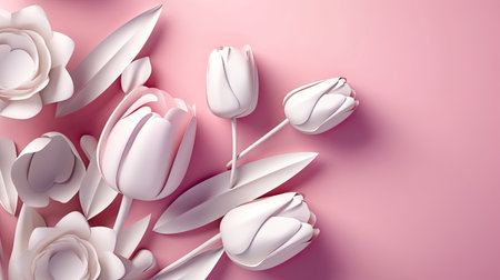 These delicate and stunning tulips are in full bloom in paper art style, displaying their soft pink petals against a pastel background. Ideal for designs that evoke a sense of grace, elegance and femininity. copyspace. Realistic illustration created by Generative AIの素材