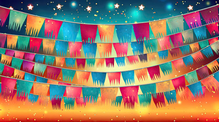 Decorations for the Brazilian traditional holiday Junina festival - garlands decorated with multi-colored flags and stars. illustration created by Generative AIの素材