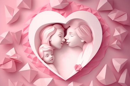 mother and her daughters are hugging inside a white heart on a pink background. Ideal for expressing love and family ties. illustration created by Generative AIの素材