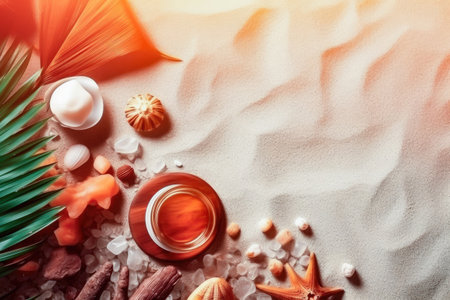 a beautiful collage of sea sand, shells and pieces of glass forming a stunning composition. suitable for use in design projects. copyspace. illustration created by Generative AIの素材