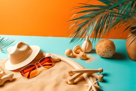 stylish straw hat, trendy sunglasses, seashells and a palm branch on a sandy surface on an orange-turquoise background. copyspace. illustration created by Generative AIの素材