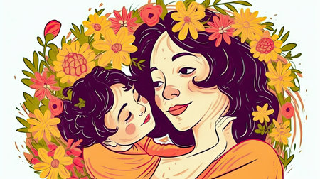 This touching image captures the bond between a mother and her child, as the mother embraces her little boy with love and affection. Realistic illustration created by Generative AIの素材