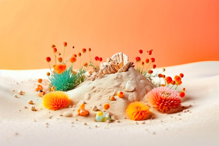 the concept of a beach holiday - a composition of sea sand, shells and plants. illustration created by Generative AIの素材